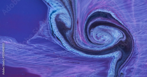 Fototapeta Swirl art. Ripple paint liquid. Defocused purple blue color chemical golden sparkling stream flow on abstract acrylic neon background.
