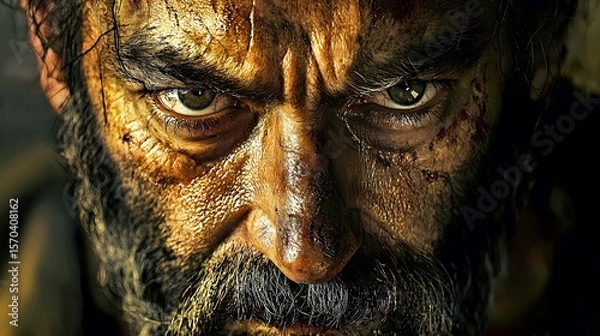 Fototapeta Intense close-up of a rugged man with scruffy beard and piercing eyes, exuding strength.