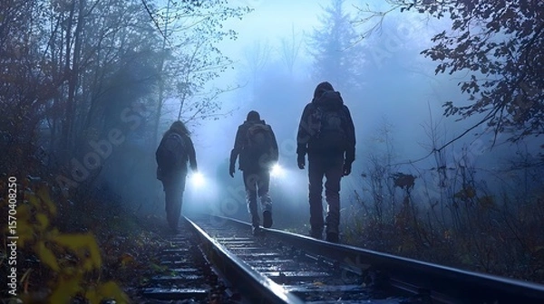 Fototapeta Three hikers in the foggy forest, wearing backpacks, walking on dark railway tracks.