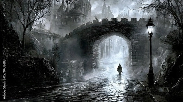 Fototapeta A solitary figure walks through a misty, gothic archway on a cobblestone path.
