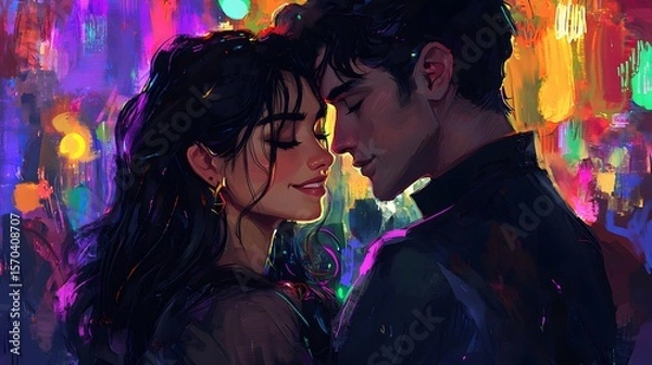 Fototapeta A romantic embrace between a couple surrounded by colorful lights.