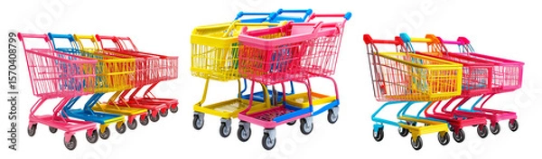 Obraz Colorful Shopping Carts in Bright Shades for Retail Environments, PNG bundle collection, Isolated on Transparent Background