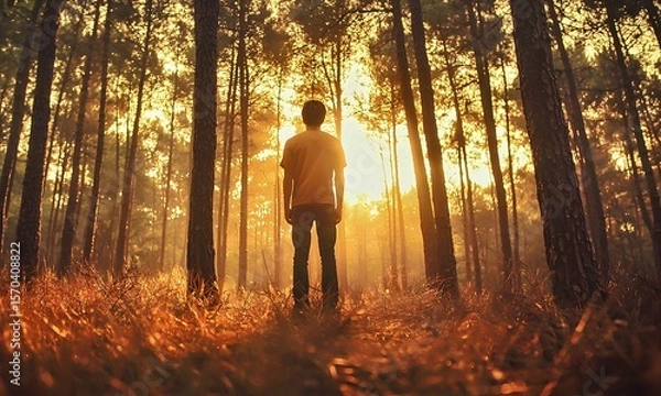 Fototapeta Silhouette of a young man standing in a sunlit forest at sunset.