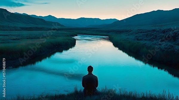 Fototapeta A contemplative man gazes at a serene river under a twilight sky, embracing tranquility.