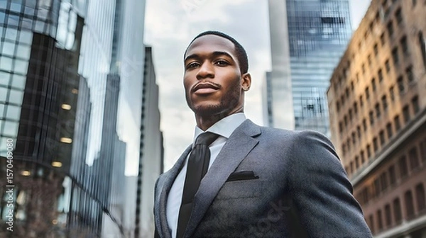 Fototapeta Confident Black man in a business suit standing in an urban setting.