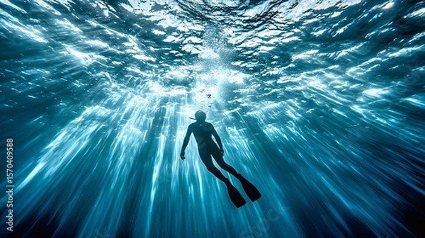 Fototapeta A serene underwater scene featuring a silhouette of a male diver exploring the deep blue.
