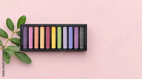 Fototapeta Colorful eyeshadow palette arranged on a pastel background.