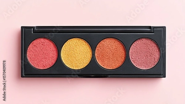 Fototapeta Colorful eyeshadow palette displayed on a pink background.
