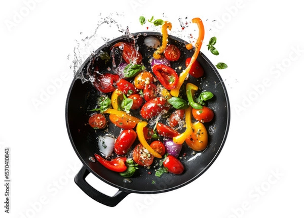 Obraz Fresh Colorful Vegetables Splashing in Frying Pan with Water