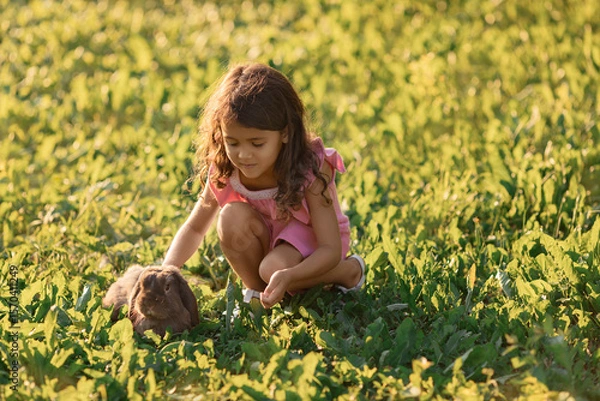 Obraz Little girl playing with brown rabbit on green grass at summer days