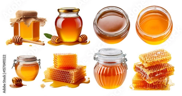 Obraz Assorted Honey Variants in Glass Jars with Honeycomb and Honey Drizzle, isolated on transparent background