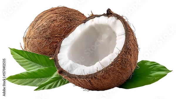 Fototapeta Coconut fruit cut in half isolated on transparent background.