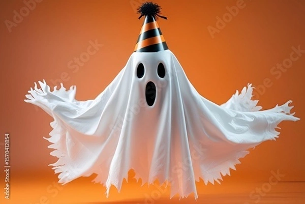 Obraz Floating Halloween Ghost with Party Hat on Orange Background - Photo-Realistic Spooky Decor