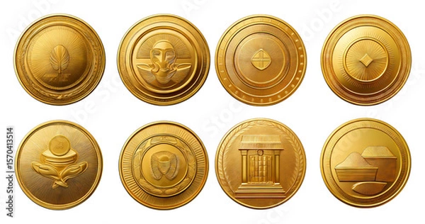 Obraz Gold Coins with Intricate Designs and Unique Symbols Collection, isolated on transparent background
