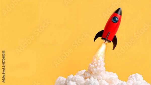Fototapeta Red pencil rocket launching into space for back to school
