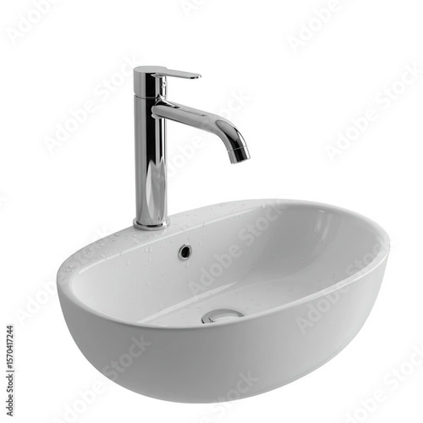 Fototapeta Modern chrome faucet mounted on a white oval sink with water droplets isolated on transparent background