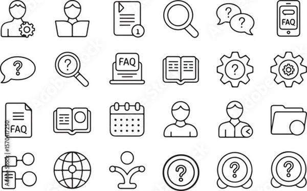 Fototapeta Information Knowledge Sharing line icon set. Vector pictograms of info, FAQ, manual, search, guidance, instruction thin linear illustration.