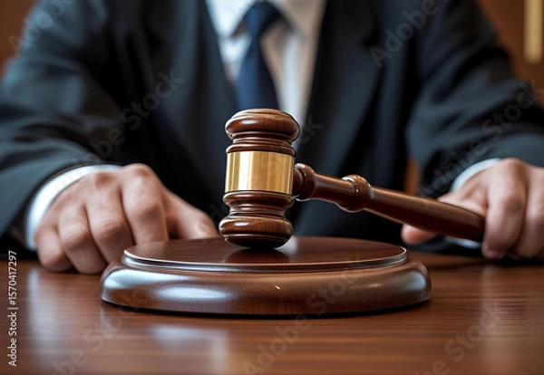 Fototapeta Hand knocking a wooden judge gavel