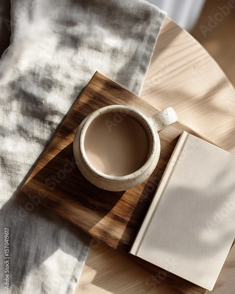 Fototapeta A cup of coffee, a book, and a marshmallow on a wooden tray, with a linen cloth, bathed in sunlight.