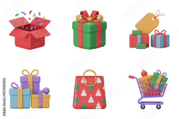 Fototapeta Six Colorful 3D Rendered Gift Icons Isolated on Black Backgrounds Set of Six Clean Soft Plastic Presents Shopping Bag and Cart Full HD 4K Image Download New Latest 2025 2026