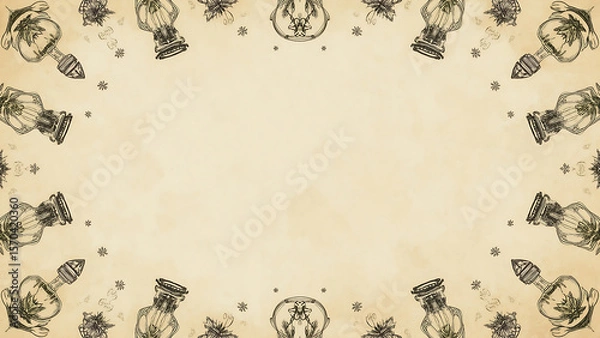 Fototapeta Halloween-themed background featuring beige herbs, crystals, and potion bottles, perfect for creating spooky autumnal designs and seasonal graphics.