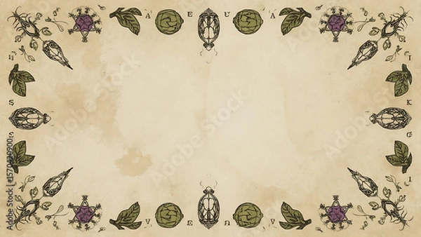 Fototapeta Halloween-themed background featuring beige herbs, crystals, and potion bottles, perfect for creating spooky autumnal designs and seasonal graphics.