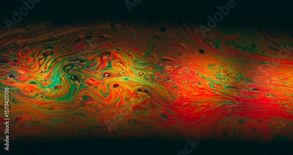 Fototapeta Psychedelic dye flow. Ink blur mix. Multicolor gasoline liquid vibrant wave pigment black background. Abstract red green blur glow.