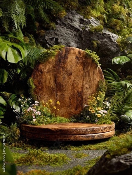 Obraz Round wooden podium with moss, ferns and wildflowers in lush green forest, polished texture for organic product display, art gallery settings and mobile app backgrounds.

