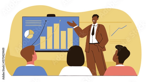 Fototapeta Business presentation featuring a confident man in a suit explaining data trends on a large screen to an engaged audience in a modern office environment