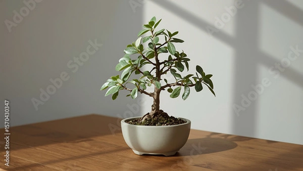 Fototapeta Bonsai tree in a light gray pot on a wooden table. Suitable for nature, gardening, home decor, zen concepts, and small business branding projects.