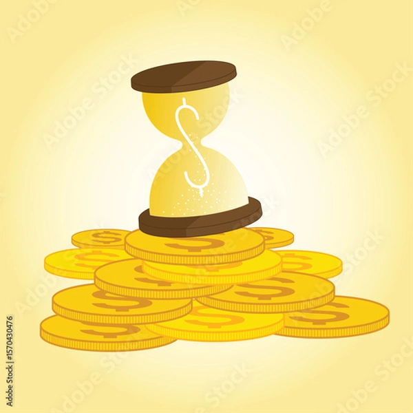 Obraz Vector illustration of an hourglass with a dollar sign inside, surrounded by gold coins, symbolizing the concept that time is money, productivity, financial planning, and investment.