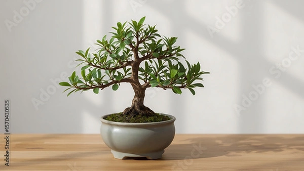 Fototapeta Bonsai tree in a light gray pot on a wooden table. Suitable for nature, gardening, home decor, zen concepts, and small business branding projects.