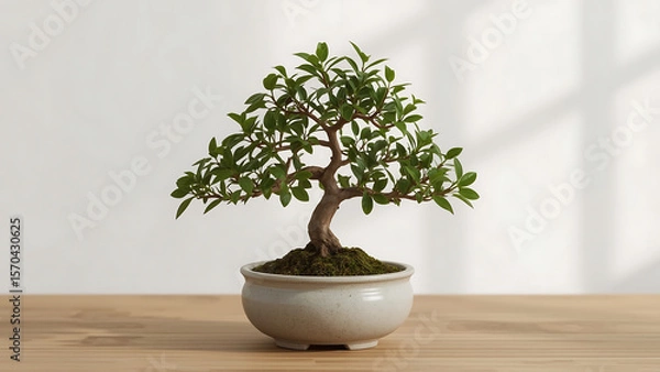 Fototapeta Bonsai tree in a light gray pot on a wooden table. Suitable for nature, gardening, home decor, zen concepts, and small business branding projects.