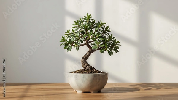 Fototapeta Bonsai tree in a light gray pot on a wooden table. Suitable for nature, gardening, home decor, zen concepts, and small business branding projects.