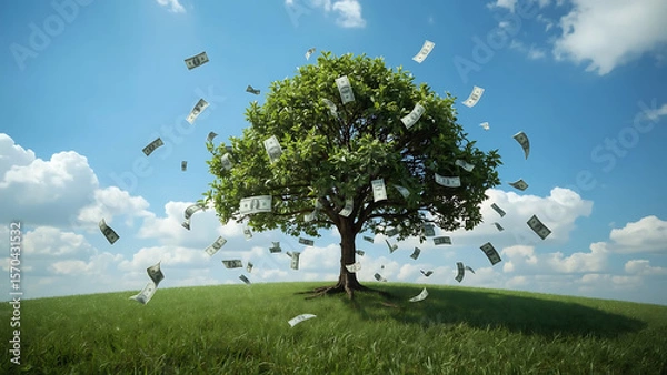 Fototapeta Money tree with dollar bills raining on a grassy field. Suitable for finance, investment, growth, wealth, abundance, and success concepts.