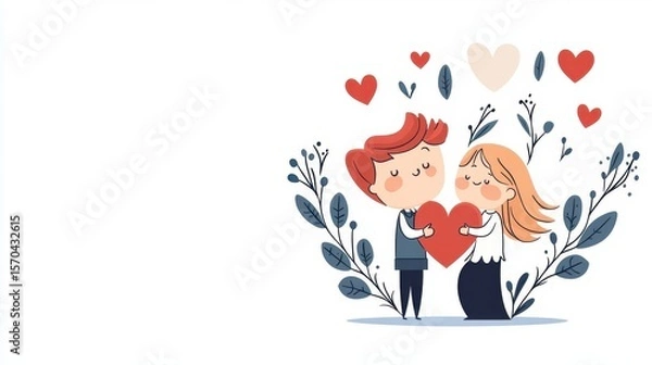Obraz blushing cupid proposing with flower heart clipart, shy romance element, flat vector art, pastel, isolated on white background