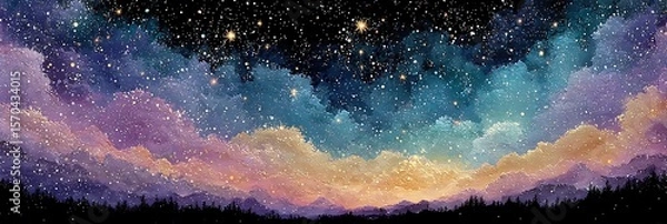 Fototapeta Colorful Panorama of a Starry Night Sky with Clouds Painting