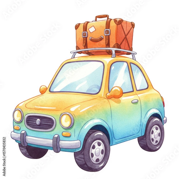 Fototapeta Watercolor Car With Luggage Illustration Travel Adventure Vacation