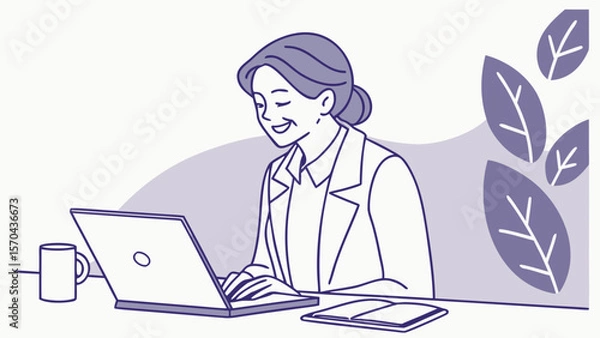Fototapeta Businessman working on a laptop at his office desk, a vector illustration for business and technology