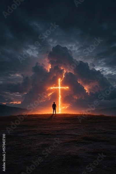 Obraz Silhouette figure, glowing cross, dramatic sky