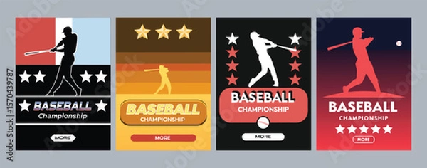 Fototapeta Baseball Championship Poster Set – Flat Vector Sports Banner with Player Silhouettes, Stars, Labels and Retro Style Layout – Perfect for Match Promotion, Flyer or Background Design