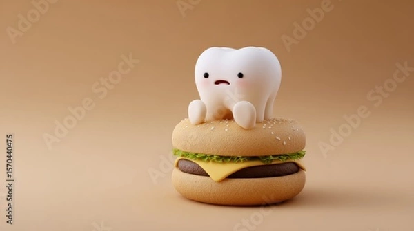 Fototapeta Cartoon tooth rests atop a juicy burger, a whimsical representation of dental health and dietary choices.