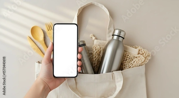Obraz Minimalist Still Life Composition with Zero Waste Items and Mobile Device