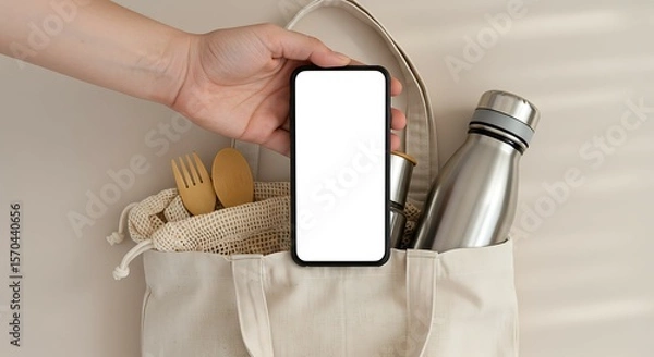Obraz Minimalist Lifestyle Concept with Mobile Phone, Reusable Bottle, and Wooden Cutlery