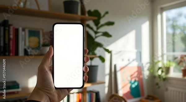 Obraz Modern Hand Holding Smartphone with Blank Screen in Home Interior