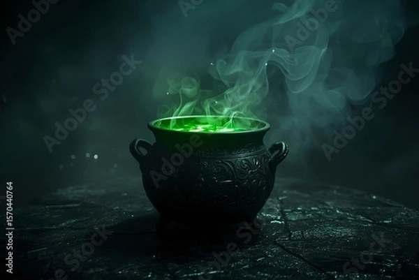 Obraz Glowing Green Magic Cauldron with Steam and Fog – Mysterious Halloween Scene