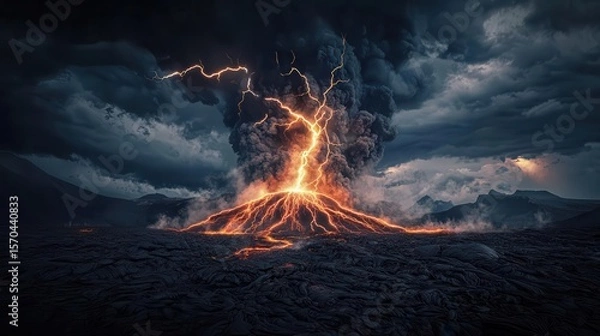 Obraz Explosive volcanic lightning storm over a massive lava lake, electric discharges illuminating the dark volcanic ash