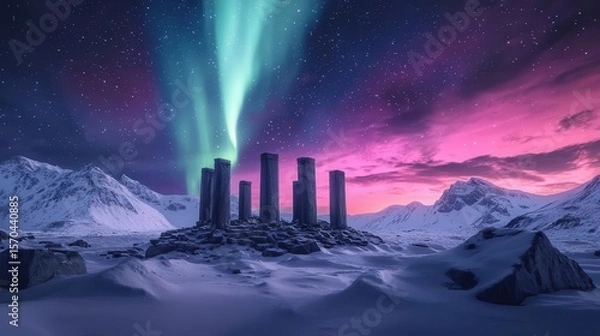 Obraz Glowing aurora borealis over an icy wasteland, frozen ruins of an ancient civilization buried under the snow