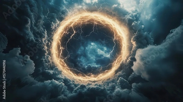 Obraz Glowing energy portal opening in the sky, swirling vortex pulling in debris, bright lightning crackling around the edges