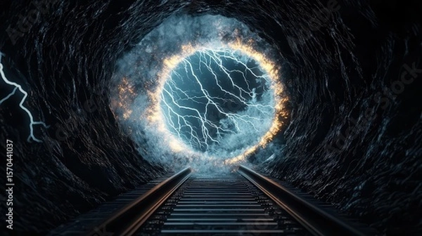Obraz Magnetic storm disrupting a futuristic spaceship, electrical sparks flying, violent plasma waves visible outside the window